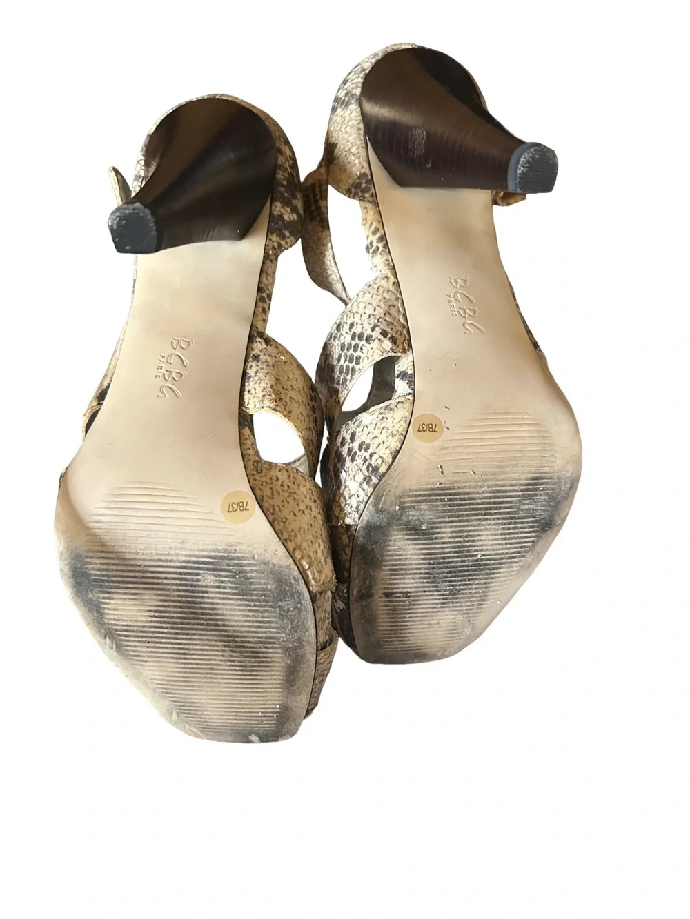 BCBG Paris Snakeskin Print Cage Heels Sandals Faux Leather Tan Black